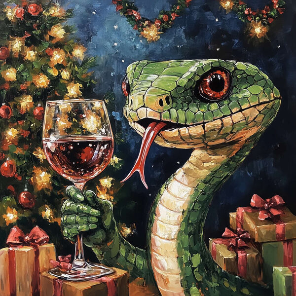 Schilderij van een slang die een glas wijn vasthoudt Schilderij van een slang die een glas wijn vasthoudt