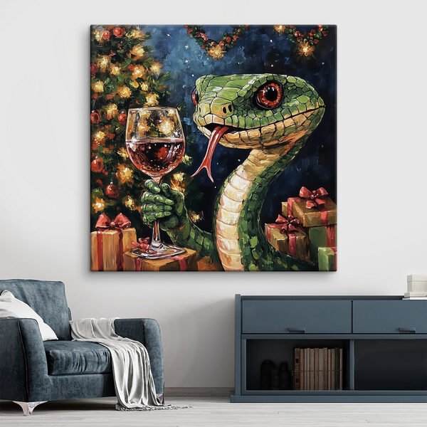 Schilderij van een slang die een glas wijn vasthoudt Schilderij van een slang die een glas wijn vasthoudt