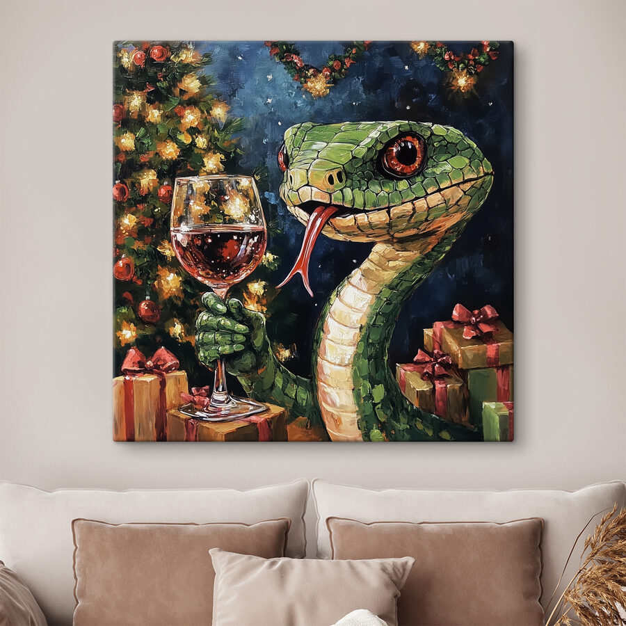 Schilderij van een slang die een glas wijn vasthoudt