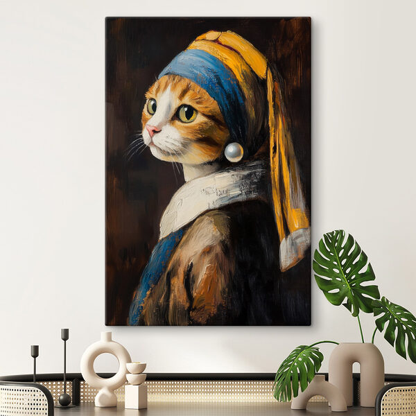 Schilderij van een kat met een parel Schilderij van een kat met een parel