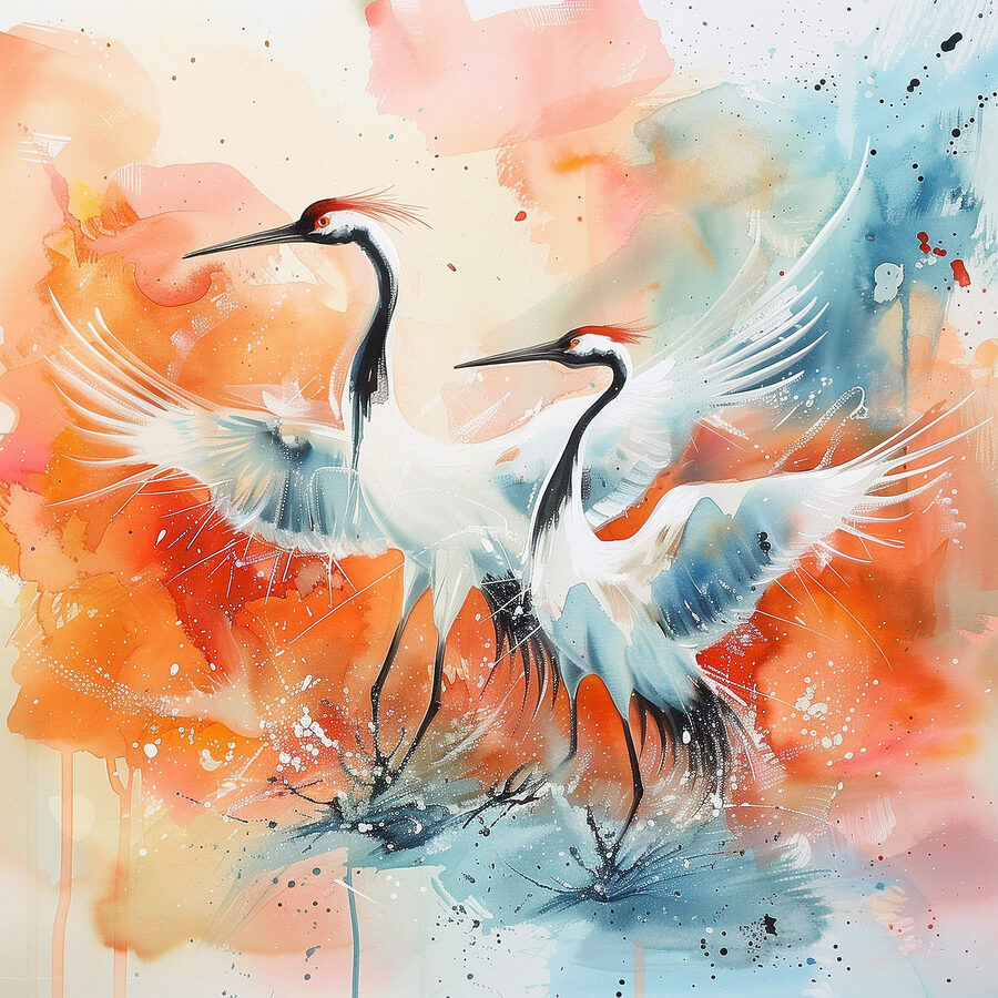 Schilderij van kraanvogels met kleurrijke achtergrond