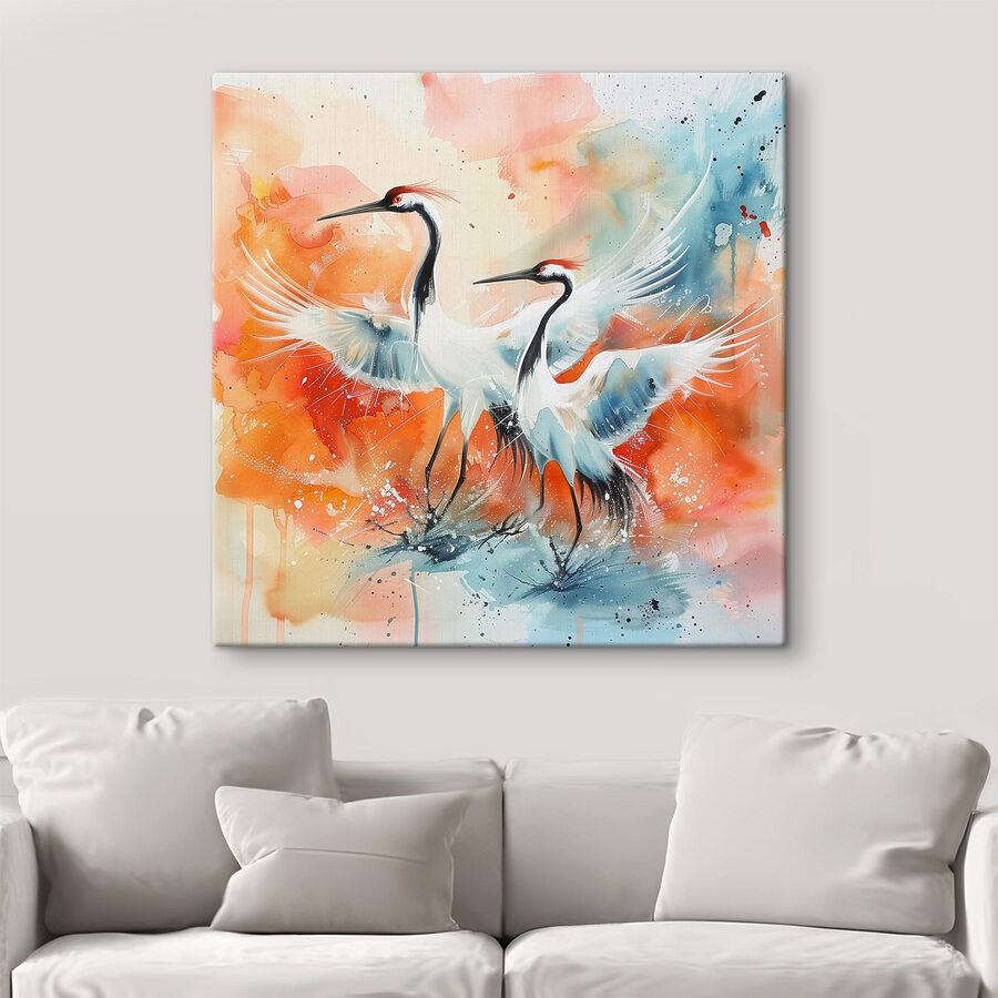 Schilderij van kraanvogels met kleurrijke achtergrond