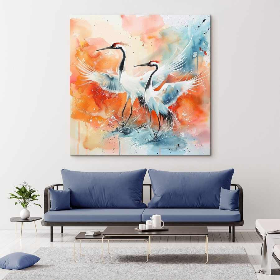 Schilderij van kraanvogels met kleurrijke achtergrond