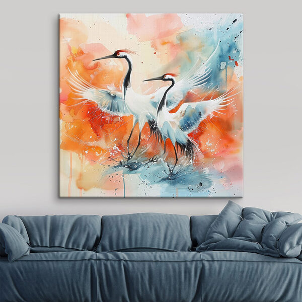Schilderij van kraanvogels met kleurrijke achtergrond Schilderij van kraanvogels met kleurrijke achtergrond