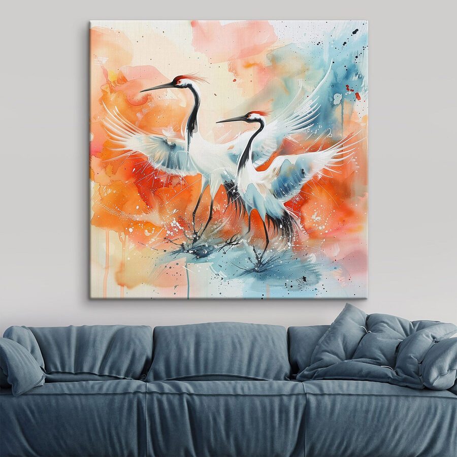 Schilderij van kraanvogels met kleurrijke achtergrond