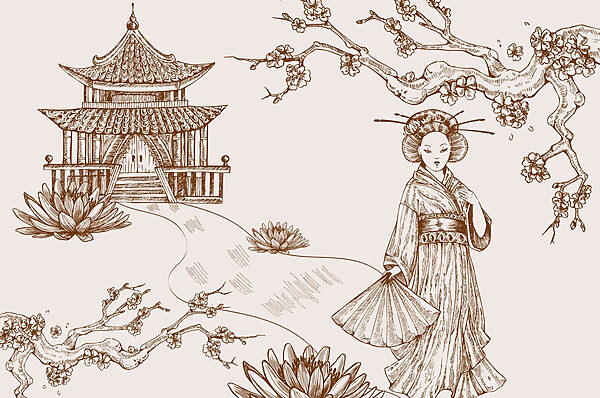 Tekening van een vrouw in een kimono Tekening van een vrouw in een kimono