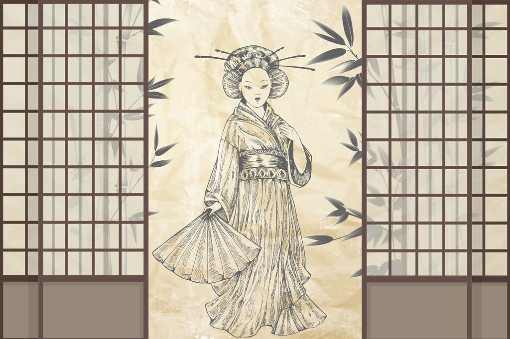 Tekening van een vrouw in een kimono Tekening van een vrouw in een kimono