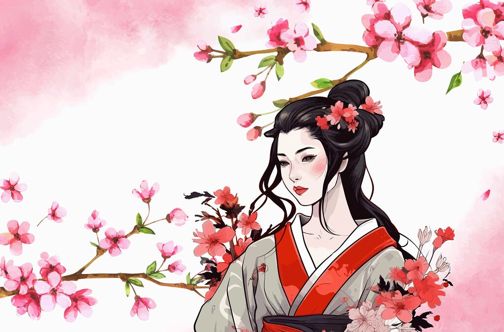 Vrouw in een kimono met bloemen Vrouw in een kimono met bloemen