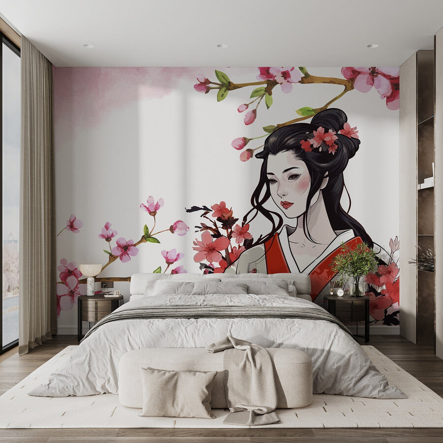 Vrouw in een kimono met bloemen