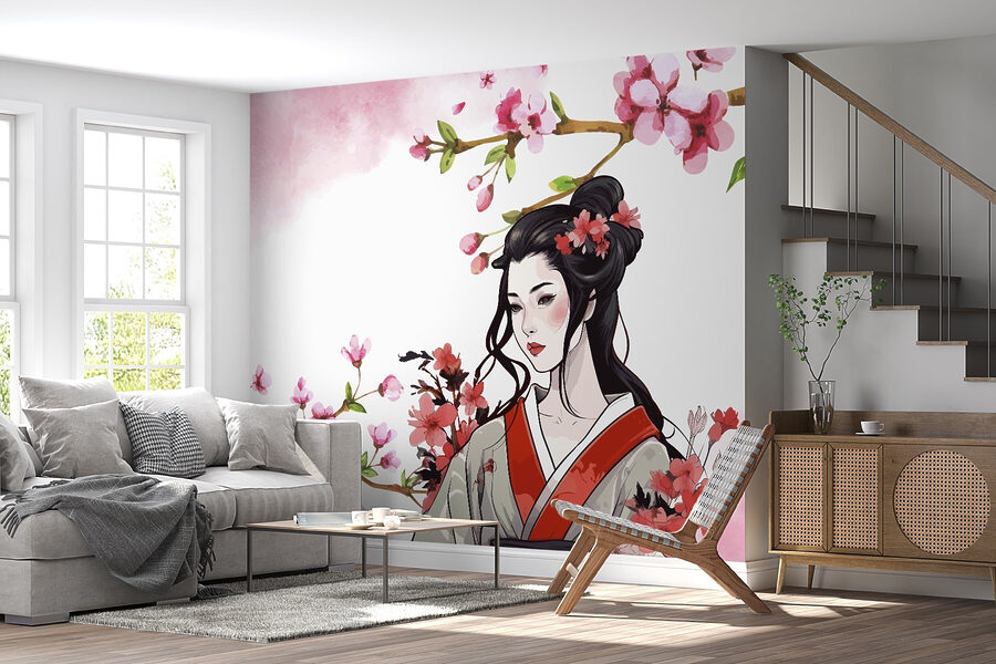 Vrouw in een kimono met bloemen