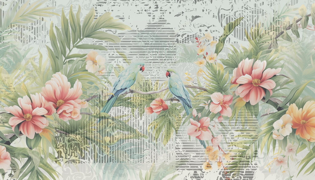 Vogel op een tak met bloemen Vogel op een tak met bloemen