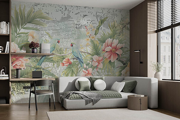 Vogel op een tak met bloemen Vogel op een tak met bloemen