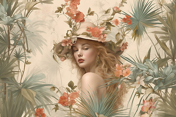 Vrouw met hoed omringd door bloemen Vrouw met hoed omringd door bloemen