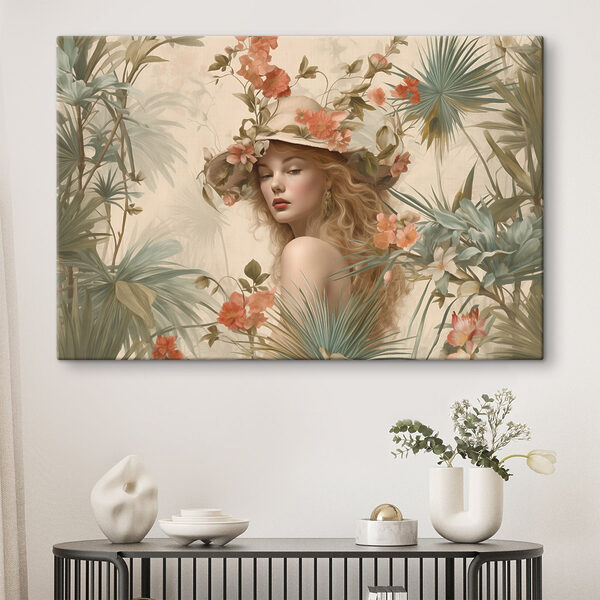 Vrouw met hoed omringd door bloemen Vrouw met hoed omringd door bloemen