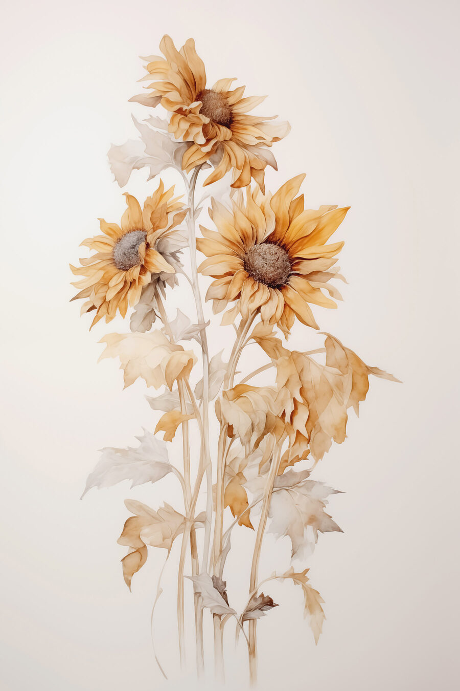 Schilderij van zonnebloemen op een witte achtergrond