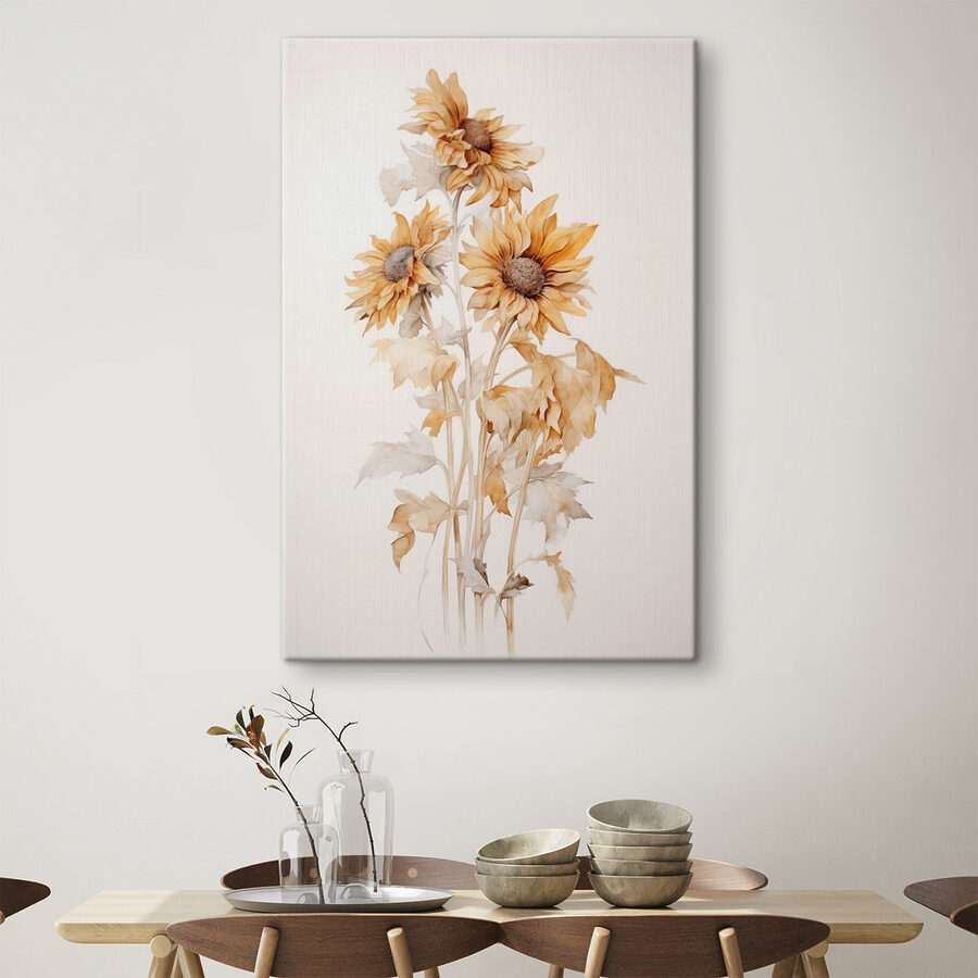 Schilderij van zonnebloemen op een witte achtergrond