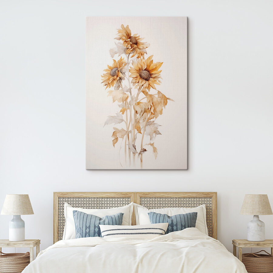 Schilderij van zonnebloemen op een witte achtergrond