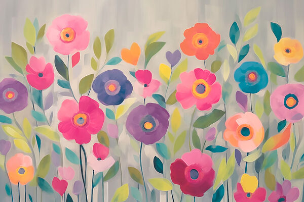 Schilderij van bloemen en bladeren Schilderij van bloemen en bladeren