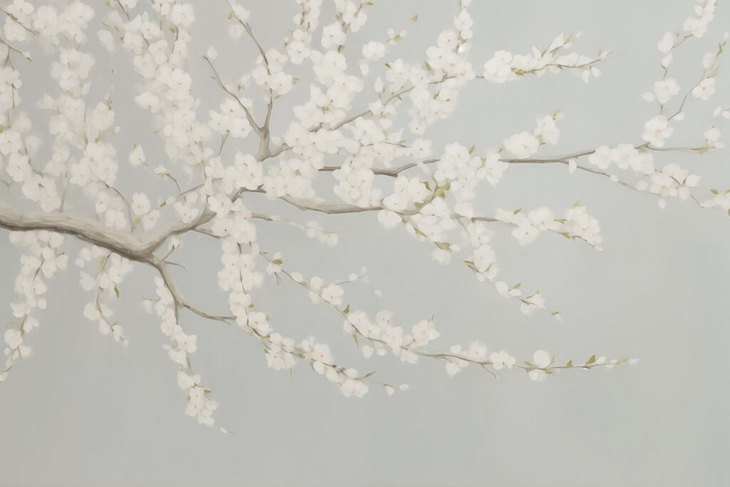 Schilderij van een boom met witte bloemen Schilderij van een boom met witte bloemen