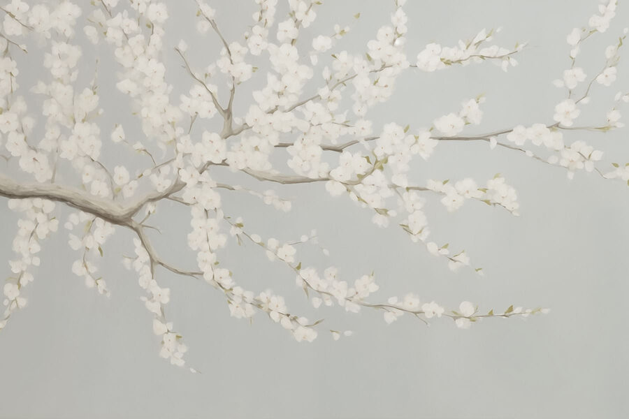 Fotobehang Schilderij van een boom met witte bloemen - Afbeelding 3
