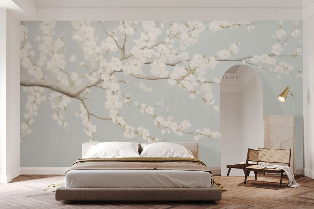 Painting of a tree with white flowers