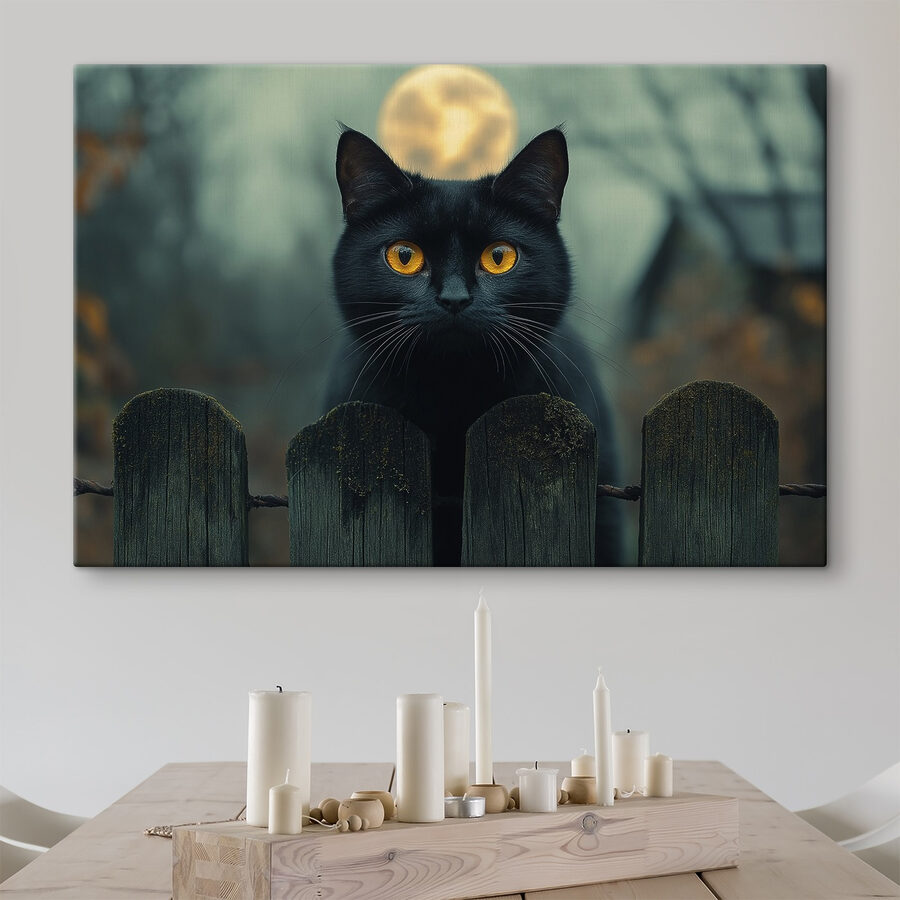 Canvas Schilderijen Zwarte kat met gele ogen achter een hek - Afbeelding 2