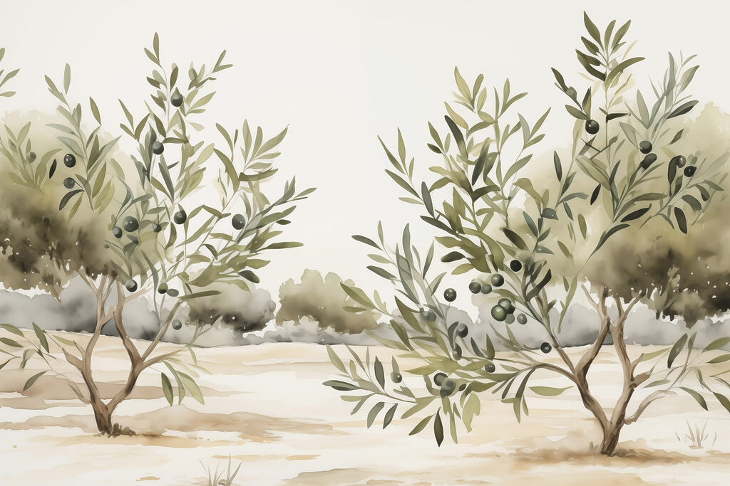 Schilderij van bomen met zwarte bessen Schilderij van bomen met zwarte bessen