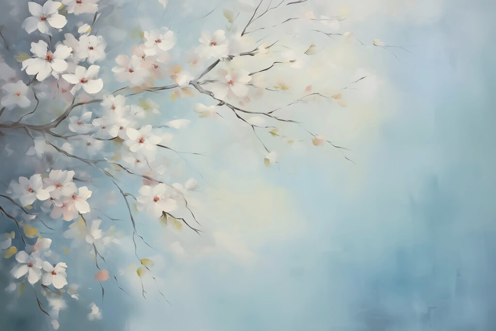 Schilderij van een boomtak met witte bloemen Schilderij van een boomtak met witte bloemen