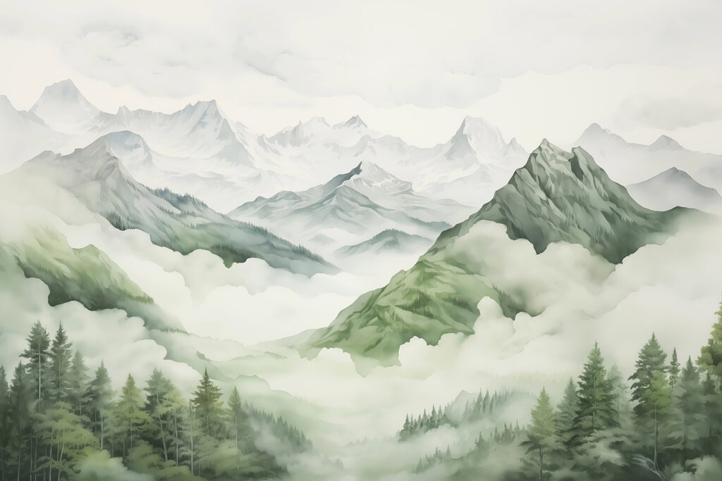Schilderij van bergen en bomen Schilderij van bergen en bomen