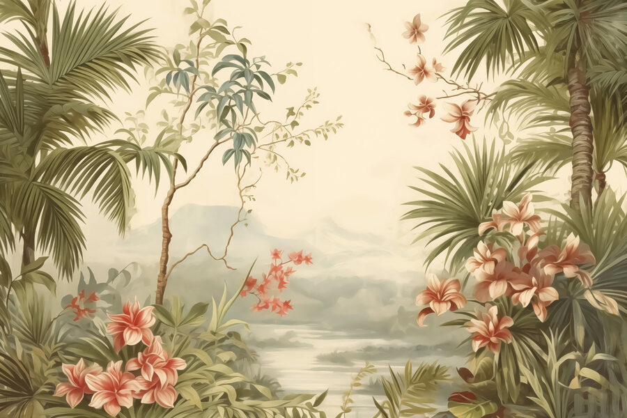 Behang met bloemen en bomen