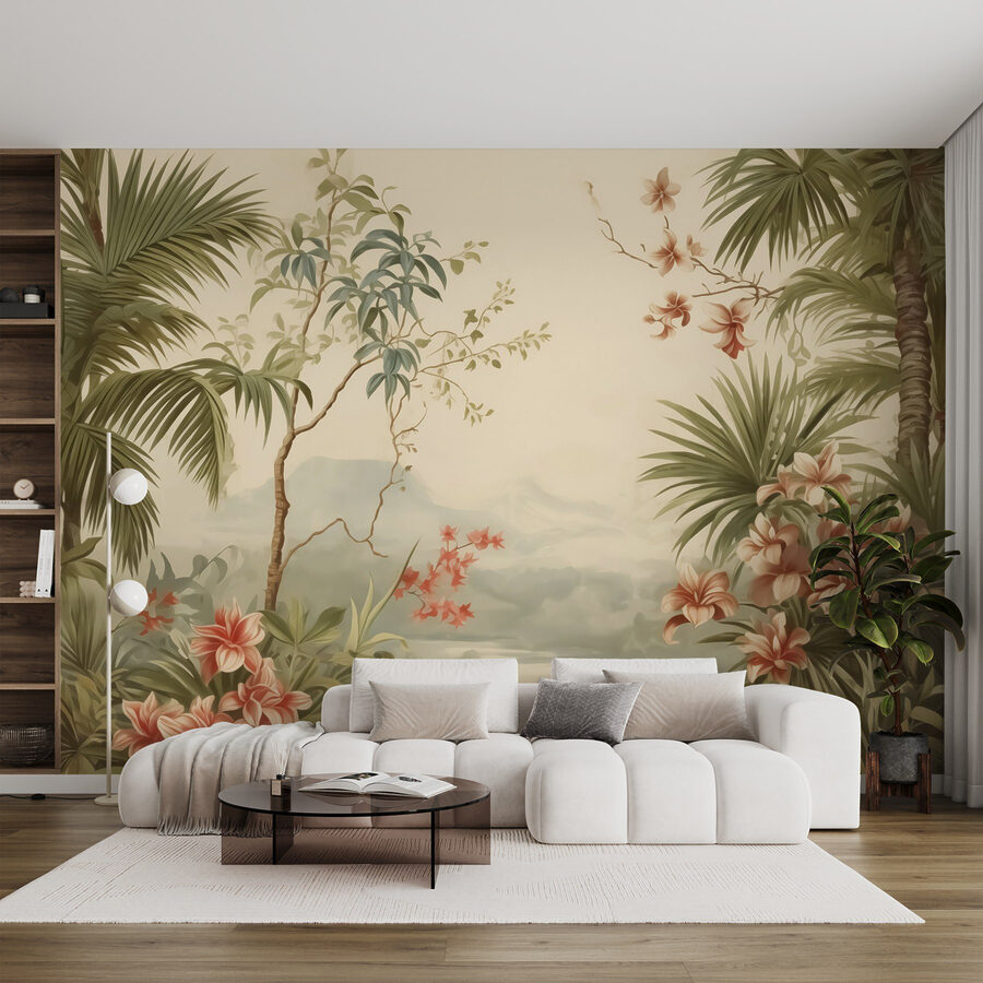 Behang met bloemen en bomen