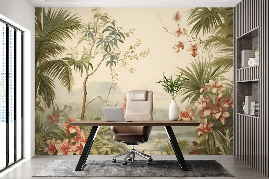 Behang met bloemen en bomen