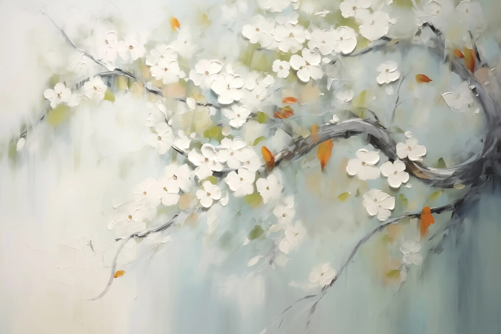 Schilderij van een boomtak met witte bloemen Schilderij van een boomtak met witte bloemen