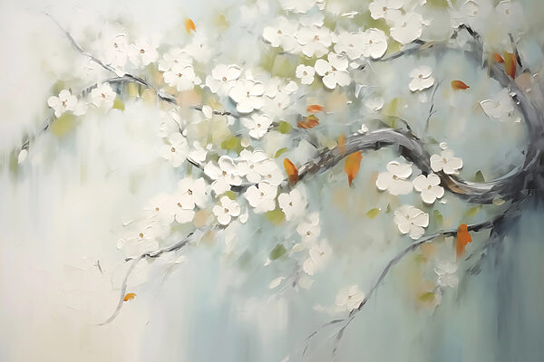 Schilderij van een boomtak met witte bloemen Schilderij van een boomtak met witte bloemen