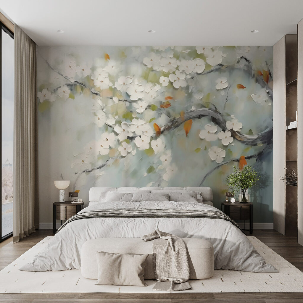 Painting of a tree branch with white flowers Painting of a tree branch with white flowers