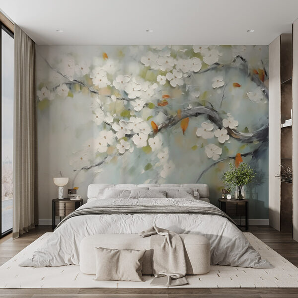 Schilderij van een boomtak met witte bloemen Schilderij van een boomtak met witte bloemen