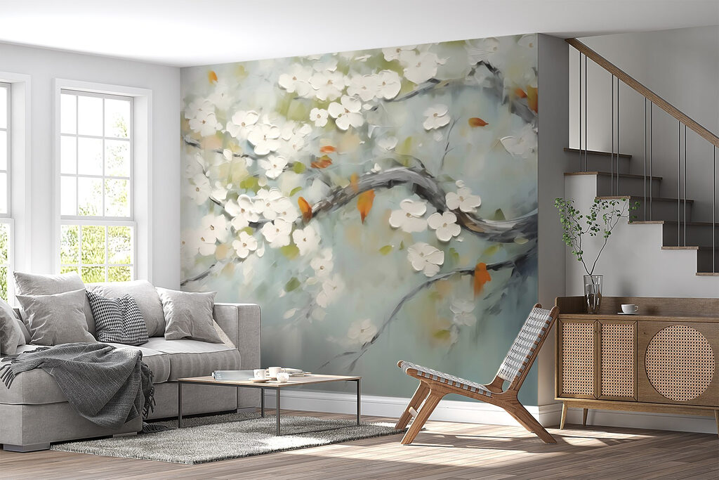 Painting of a tree branch with white flowers Painting of a tree branch with white flowers