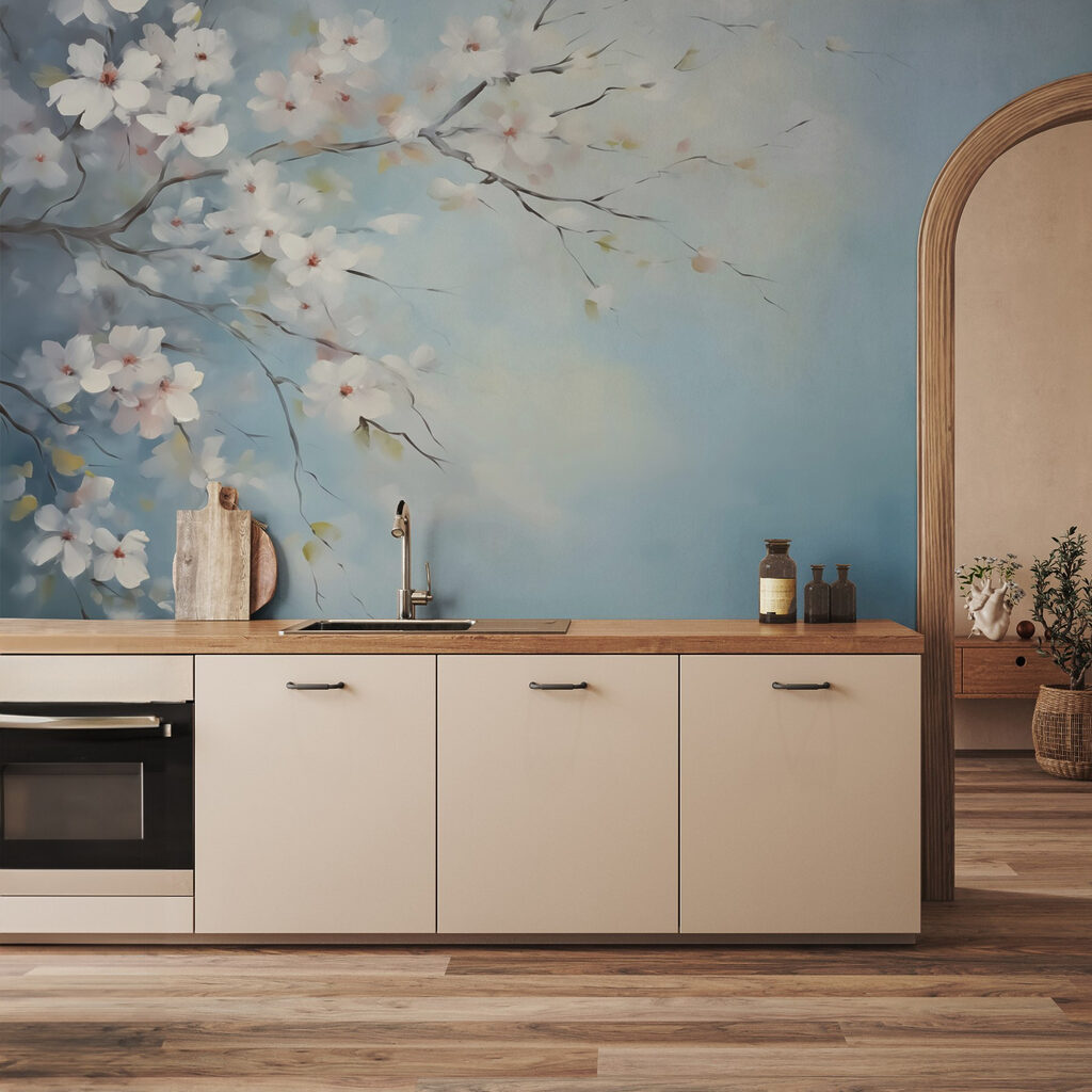 Painting of a tree branch with white flowers Painting of a tree branch with white flowers