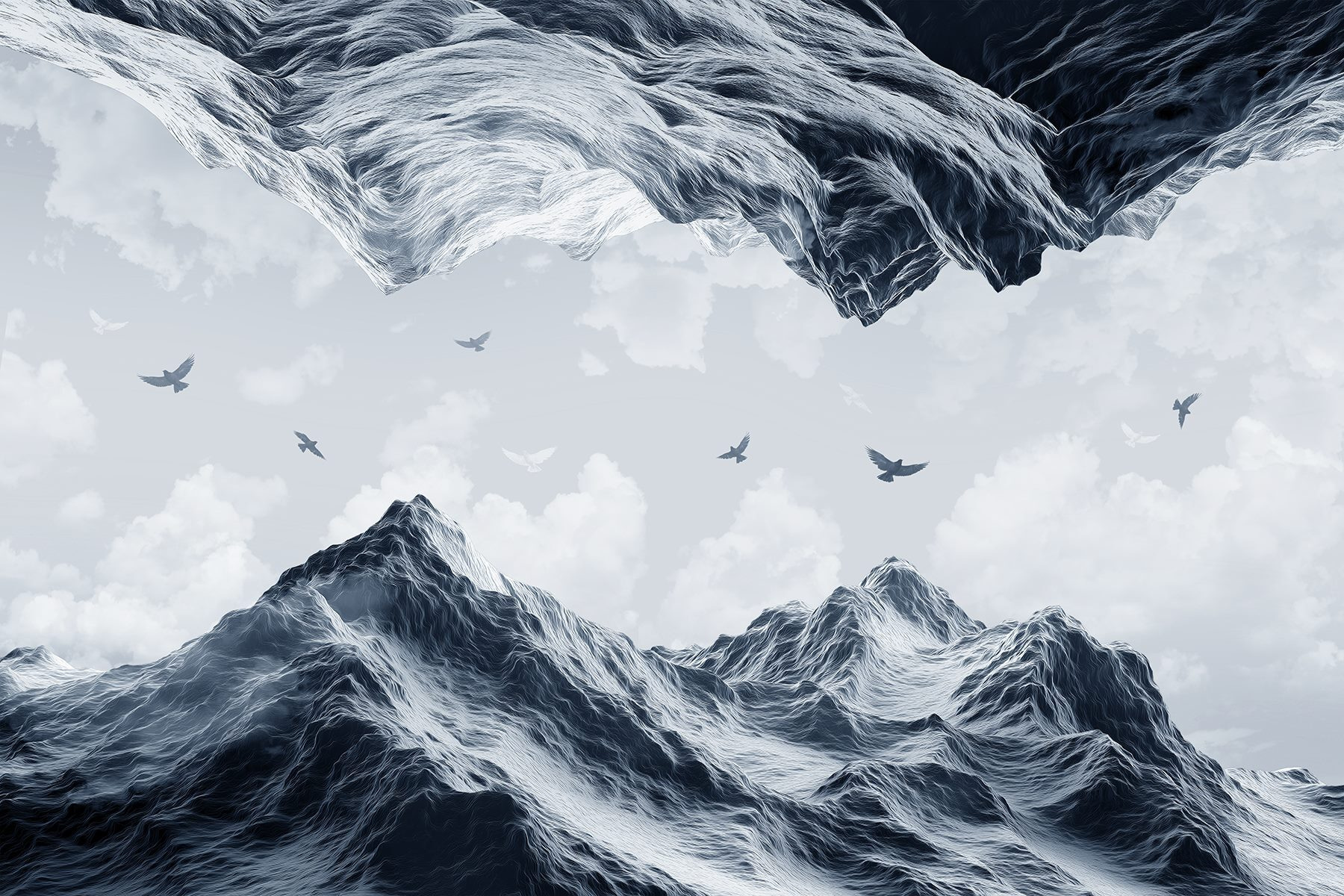 Birds flying over a snowy mountain