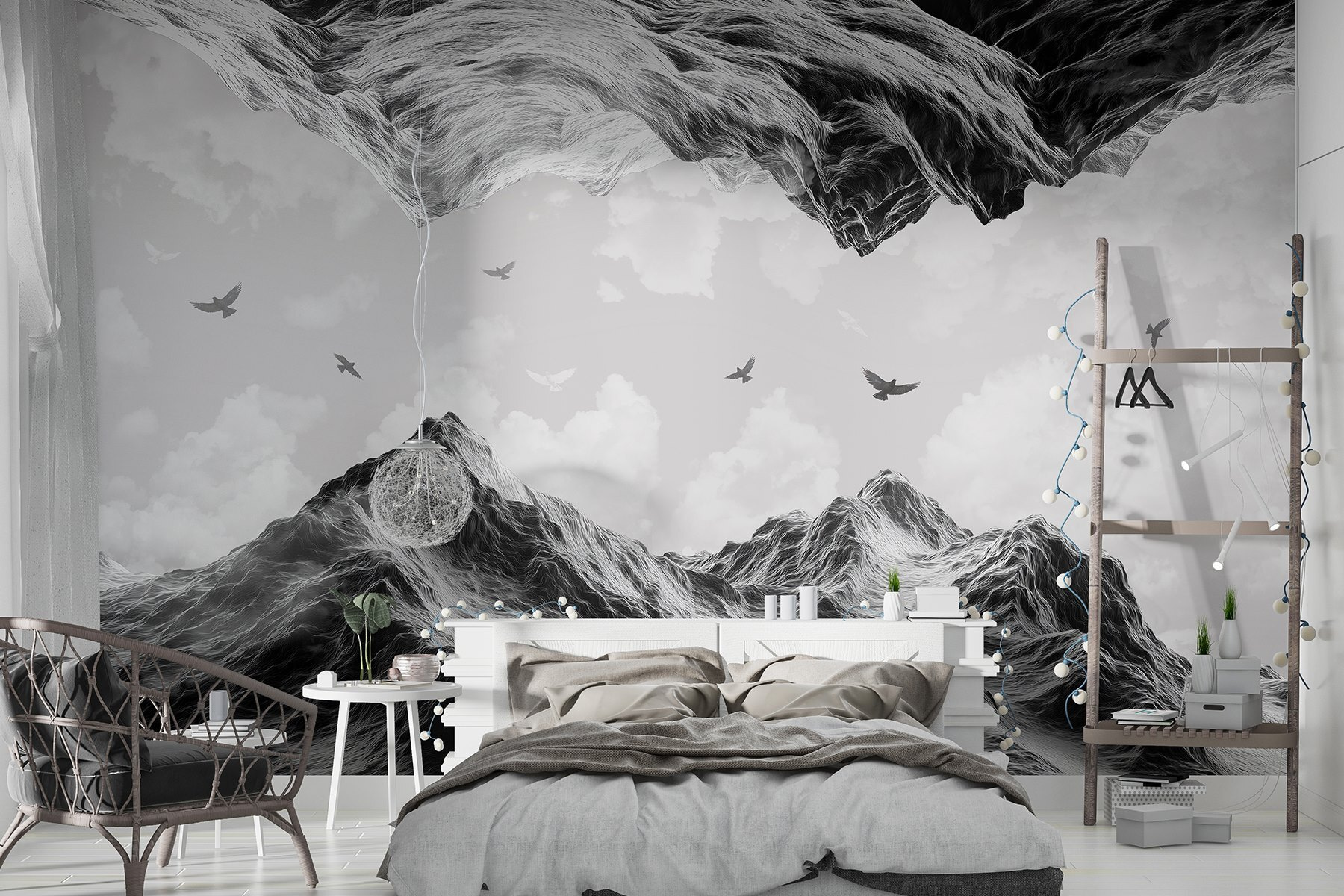 Group of birds flying over a mountain