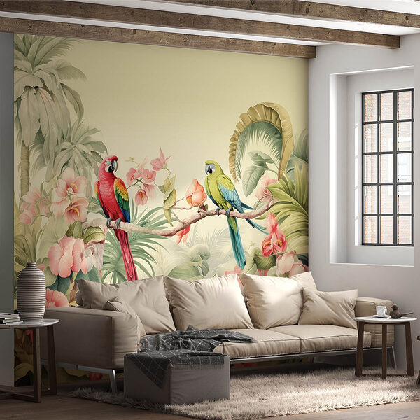 Paar papegaaien op een tak met bloemen Paar papegaaien op een tak met bloemen