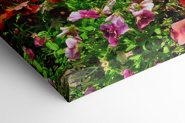 Bloembed met bloemen en een meer op de achtergrond Bloembed met bloemen en een meer op de achtergrond