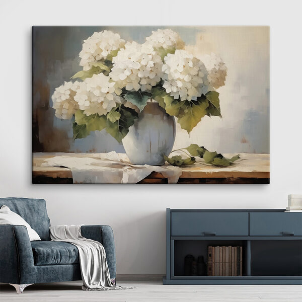 Schilderij van witte bloemen in een vaas Schilderij van witte bloemen in een vaas