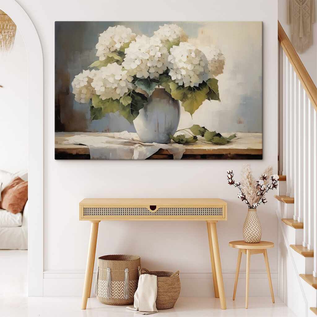 Painting of white flowers in a vase