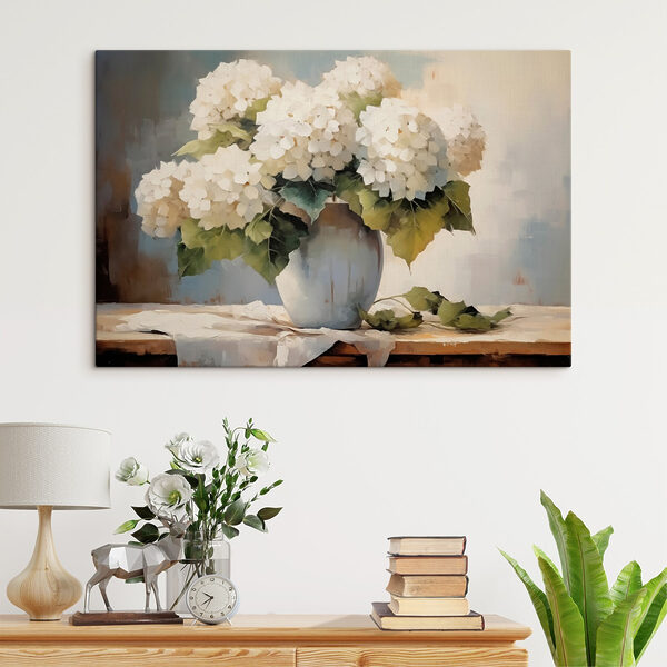 Schilderij van witte bloemen in een vaas Schilderij van witte bloemen in een vaas