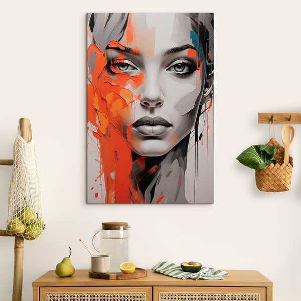 Schilderij van een vrouw met oranje verf op haar gezicht Schilderij van een vrouw met oranje verf op haar gezicht