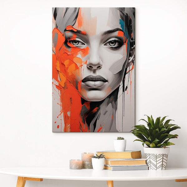 Schilderij van een vrouw met oranje verf op haar gezicht Schilderij van een vrouw met oranje verf op haar gezicht