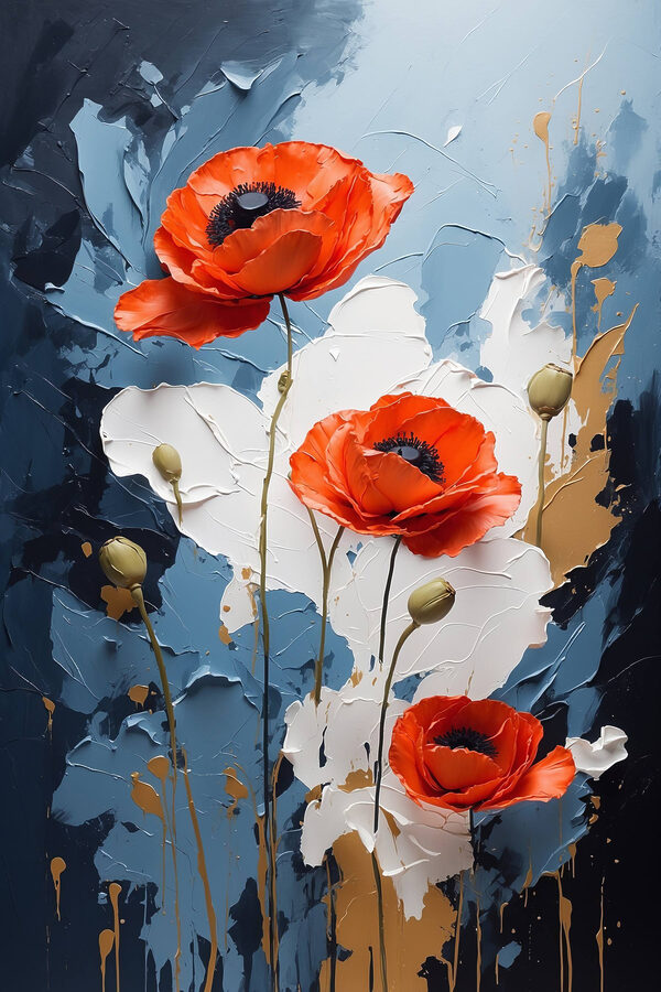 Schilderij van bloemen op een blauwe en witte achtergrond Schilderij van bloemen op een blauwe en witte achtergrond