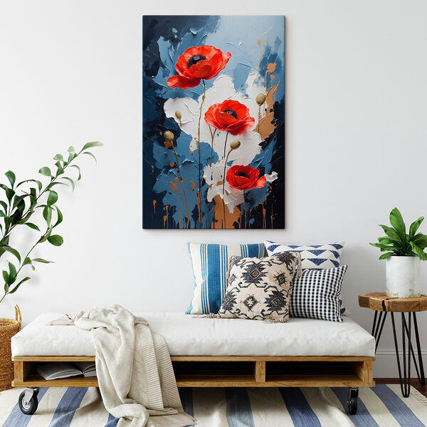 Schilderij van bloemen op een blauwe en witte achtergrond Schilderij van bloemen op een blauwe en witte achtergrond