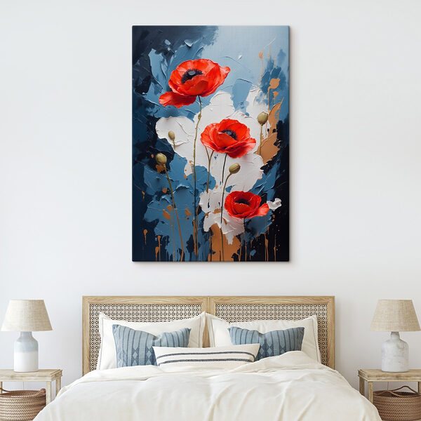 Schilderij van bloemen op een blauwe en witte achtergrond Schilderij van bloemen op een blauwe en witte achtergrond